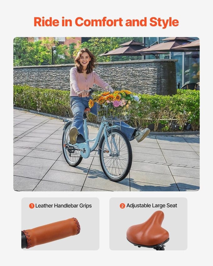 26-Inch Cruiser Fiets 7-Versnellingen Lichtblauw Strand Cruiser Fiets met Mand