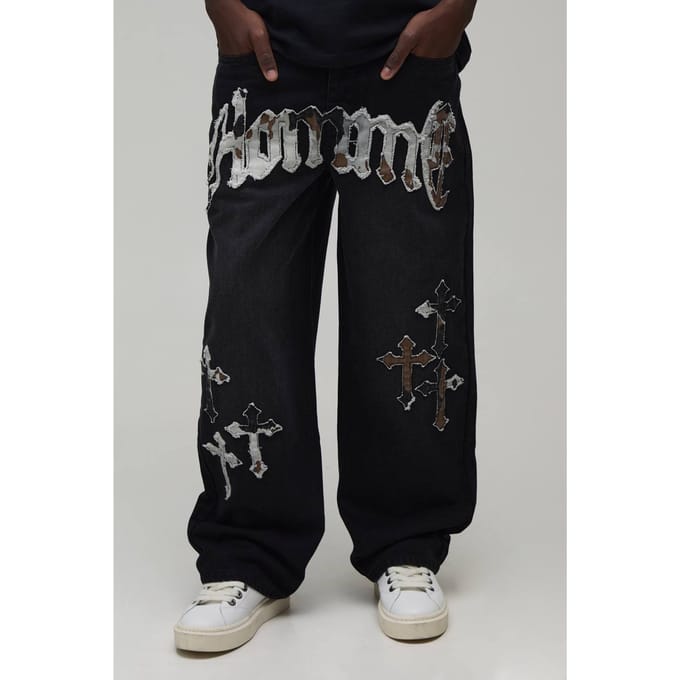 Relaxed Fit Jeans Met Koe-applicatie | Washed Black | Size 36R