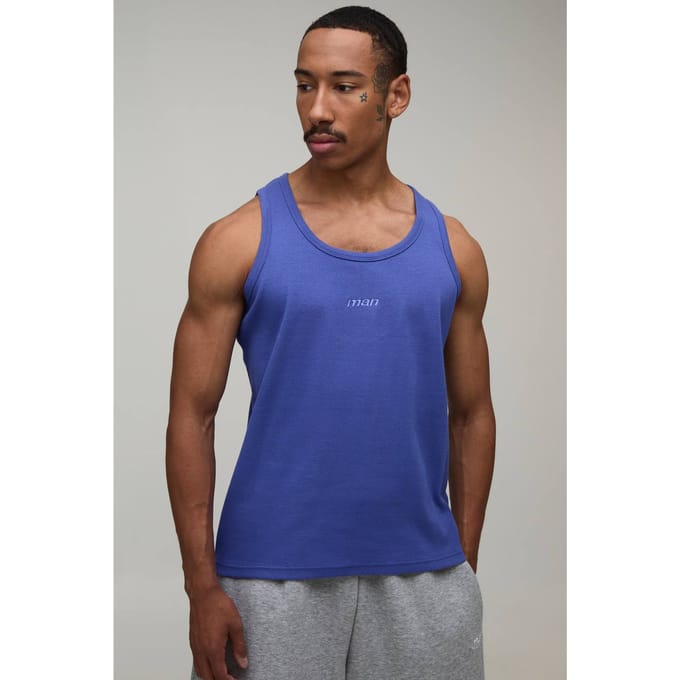 Regular Fit Heren Sport Mouwloos Shirt Met Geribbelde Merkdetails | Cobalt | Size Medium