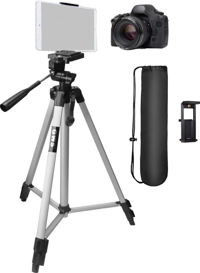 GWS Tripod Tablet iPad Statief - Universeel Camera en Tablet Statief - Incl. Tablet Houder - Aluminium 134CM - Zilvergrijs