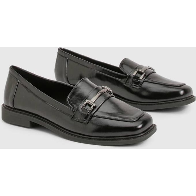 boohoo Dames Loafers met brede pasvorm en hardwaredetails | Black | Maat: 3