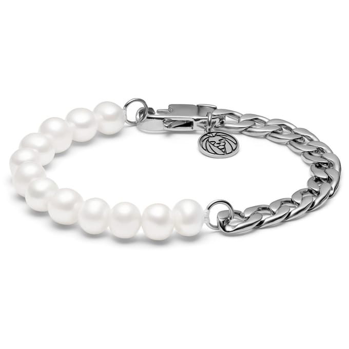Chad Amager Zilverkleurige Armband met Curbschakels & Parels