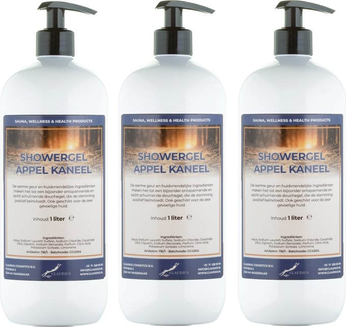 Douchegel Appel - Kaneel 1 liter - set van 3 stuks - met gratis pomp - Showergel