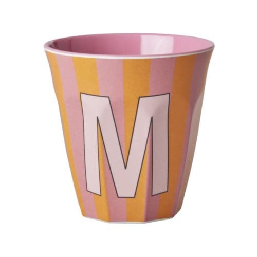 Rice melamine beker medium gestreept letter m, oranje