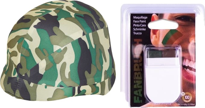 Carnaval verkleed soldaten/leger set - camouflage print helm - make-up stick - bruin/groen