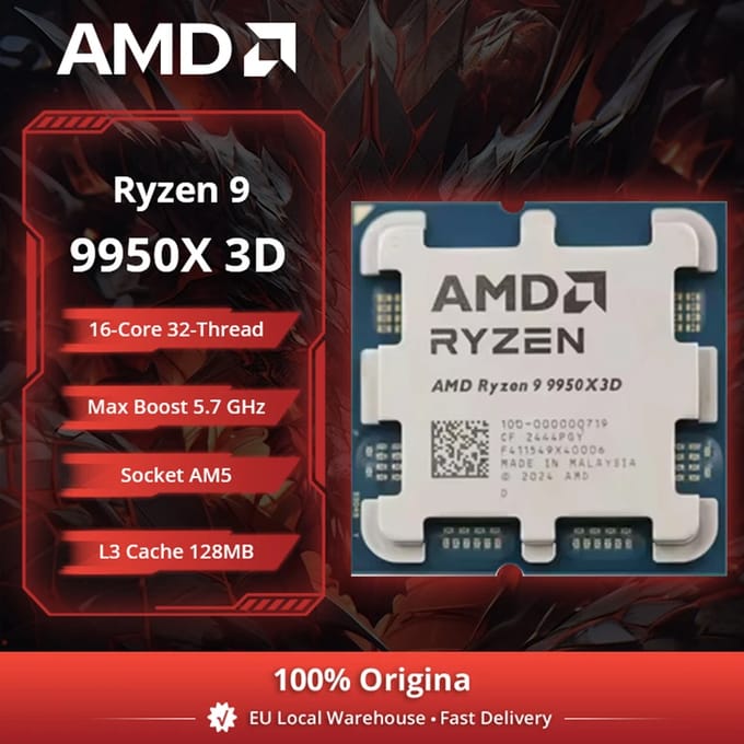 AMD Ryzen 9 9950X3D 16-Core CPU, 5,7 GHz, 144 MB cache, AM5 socket, DDR5, 170 W TDP, R9 9000-serie zonder koeler