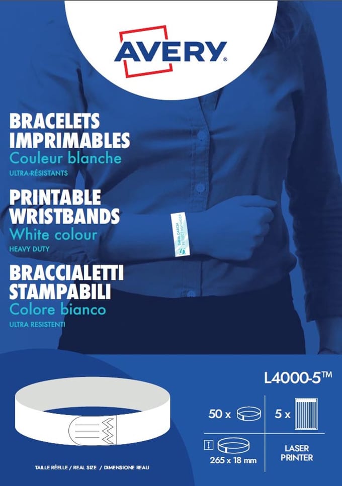 Avery bedrukbare polsbandjes | ft 18 x 265 mm | wit | pak van 50 etiketten