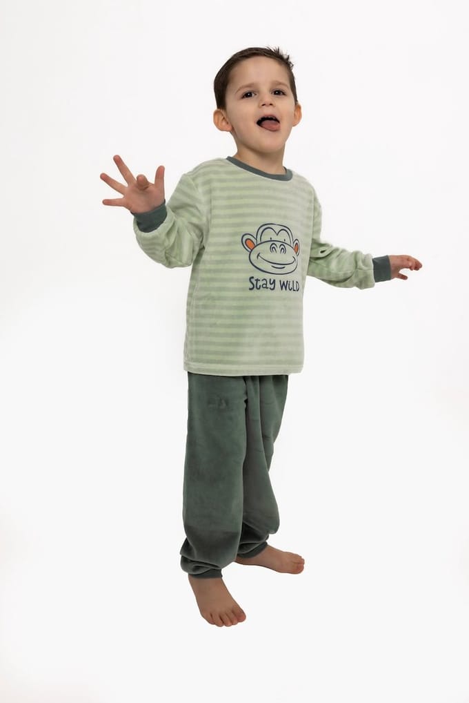 Outfitter - Jongens Pyjama - Velours - Monkey - Groen - Maat 116