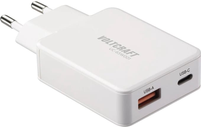 VOLTCRAFT UC-1C1A65W01 USB-oplader 65 W 1x USB-A, 1x USB-C Fast Charge, USB PD 3.0 Wit GaN