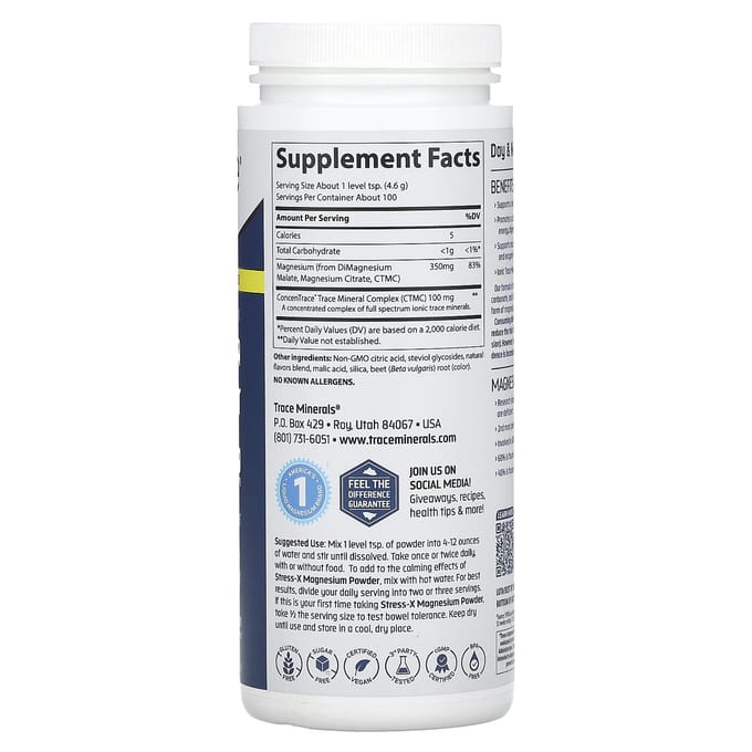 Trace, Stress-X, Magnesiumpoeder, Framboos Citroen, 350 mg, 1,01 lb (460 g)