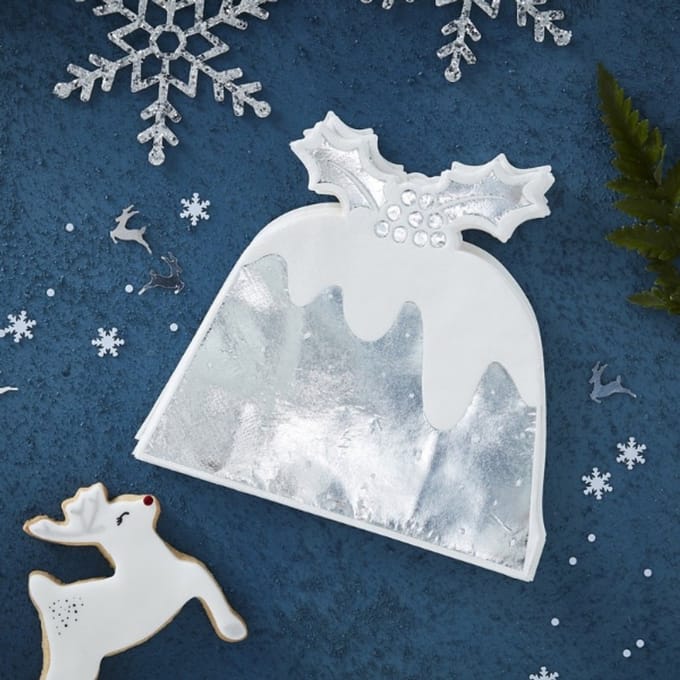 Ginger Ray - Servetten - Silver Christmas - Kerst pudding papieren zilver (12 stuks)