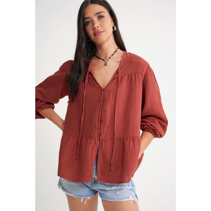 Lange Mouwen Losse Blouse met Strikhals