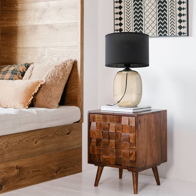 TK Lighting Melody tafellamp, hoogte 48 cm, bruin glas, zwart textiel