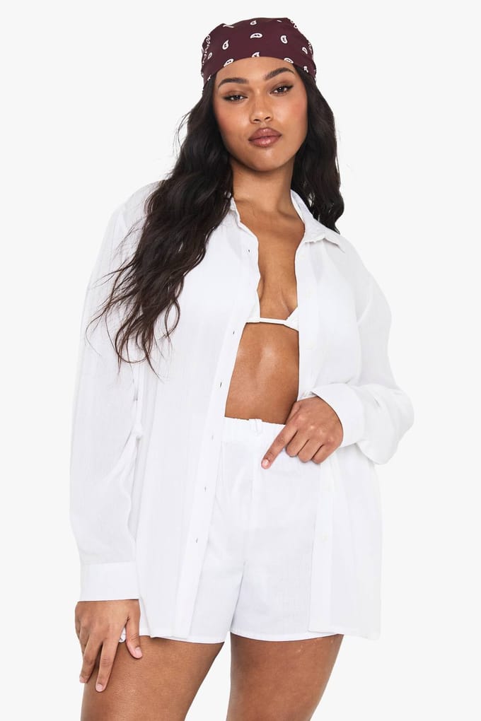 boohoo Dames Plus Strandkleding Essentials Oversized Overhemd | Wit | Maat: 48