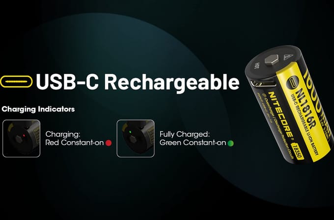 Nitecore NL1816R Oplaadbare 18350 Li-Ion batterij 1600mAh met USB-C Poort