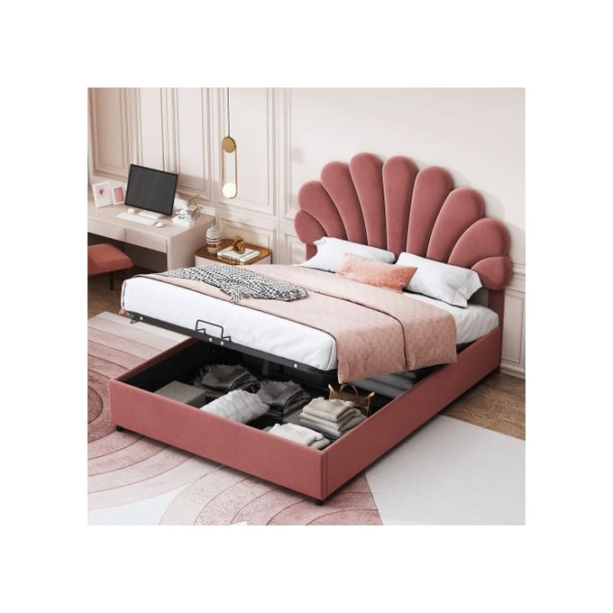 Lit capitonné - MUVOE - 140x200 cm - Tête de lit réglable - Rangement intégré - Velours doux beige
