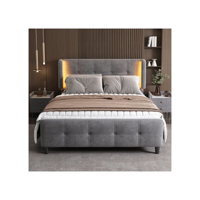 Lit rembourré - MUVOE - 140x200 cm - LED 16 couleurs - Tête de lit réglable - Gris gris