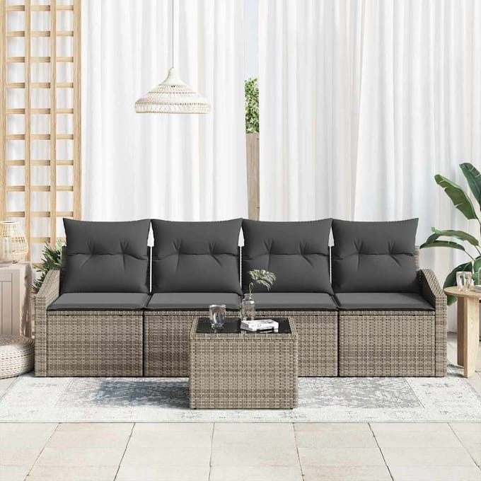 vidaXL Bankstel met kussen met opslag 5 pcs Grijs poly rattan