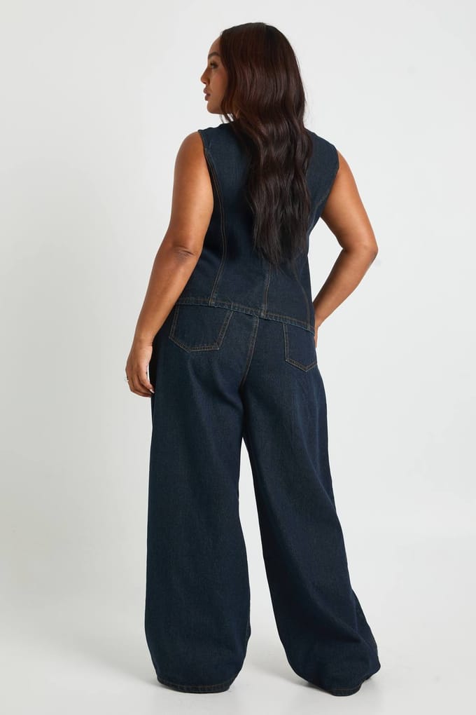 boohoo Dames Plus Hoge Taille Dubbel Geplooide Wijde Pijp Jeans | Indigo | Maat: 44