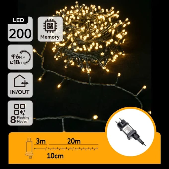 Lichtstring warmwit 23 meter (3+20) - 200 LED's | waterdicht IP44 | 230VAC - 24V | met timer 6u aan/18u uit