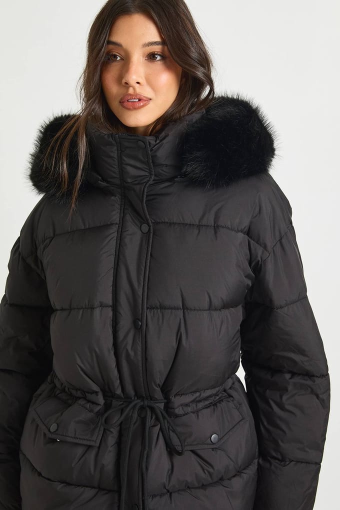 boohoo Dames Parka met nepbontaccent | Black | Maat: 8