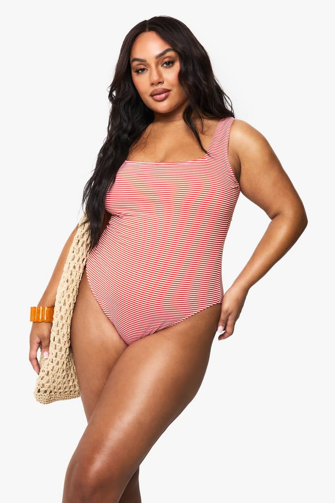 boohoo Dames Plus Seersucker Streep Scoop Neck Badpak | Rood | Maat: 54