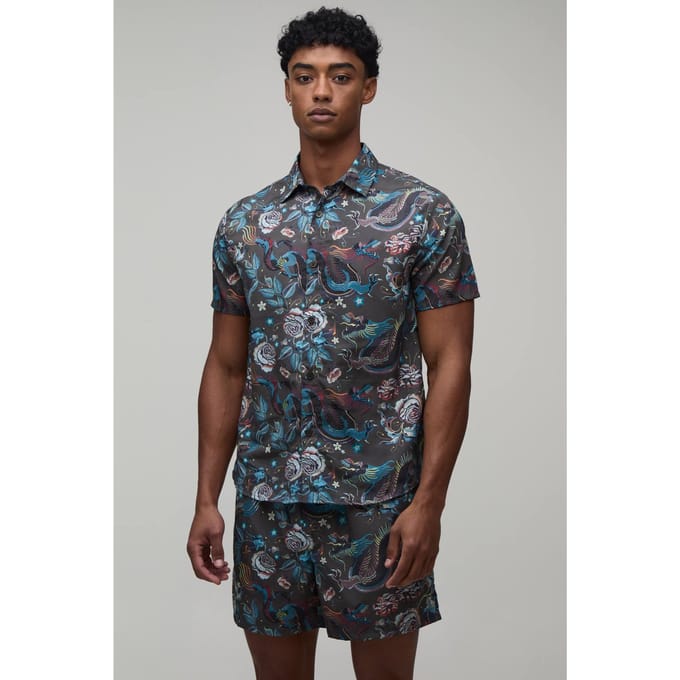 Drakenprint Regular Fit Overhemd & Short Set | Khaki | Size Medium
