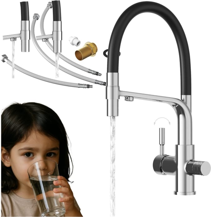 Granitan Keukenkraan Malta drieweg - uittrekbare uitloop - voor waterfilter - Chroom