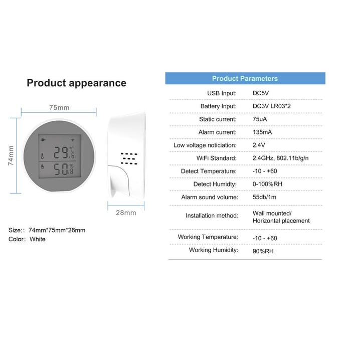 Tuya WiFi-temperatuur-vochtigheidssensor Intelligente hygrothermograafmeter met hoog en laag wit