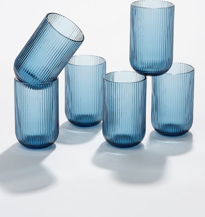 Mica Decorations Merlot Geribbelde Drinkglazen - Set van 6 - 400 ml - Glas -Blauw