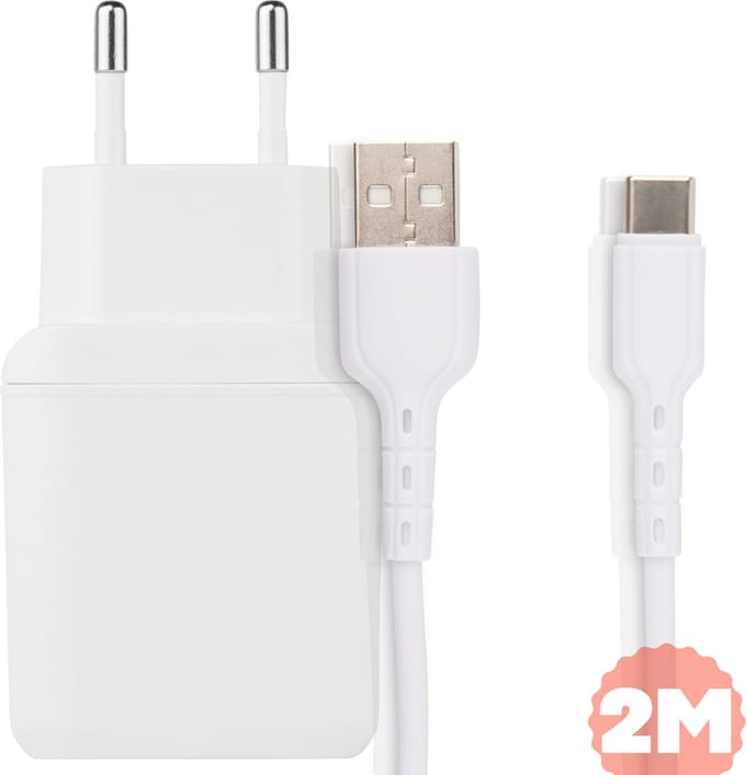 USB Stekker met USB naar USB C Kabel - 2 Meter - 2.4A Quick en Fast Charge - Wit