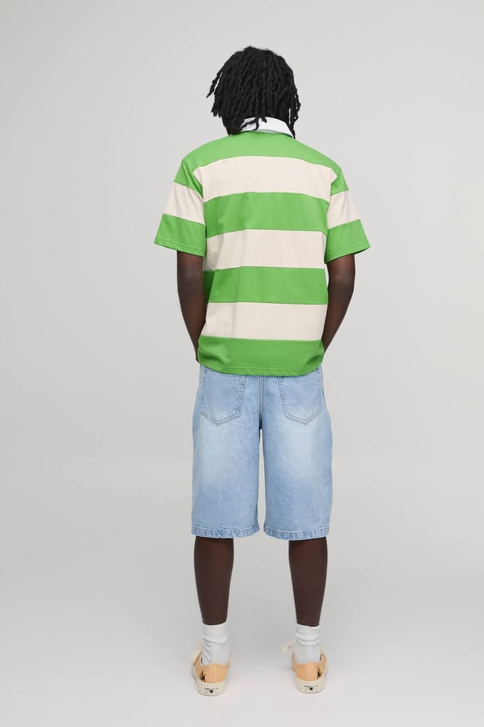 Regular Fit Korte Mouw Geborduurd Gestreept Rugby Polo | Green | Size Medium