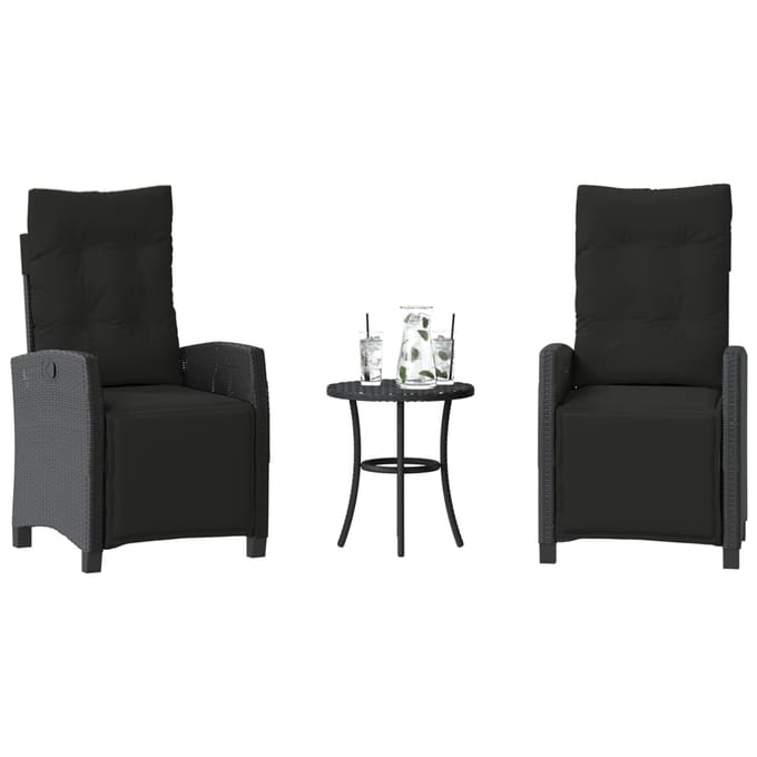 vidaXL - 3-delige - Bistroset - met - kussens - poly - rattan - zwart