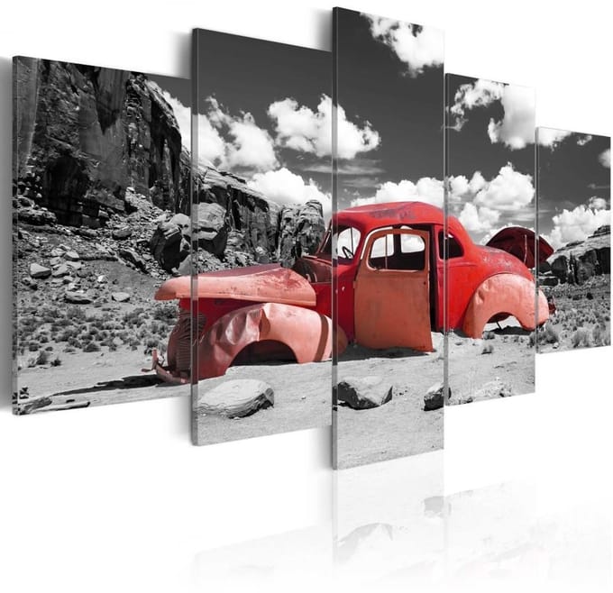 Schilderij - Rode auto in Woestenij, 5 luik
