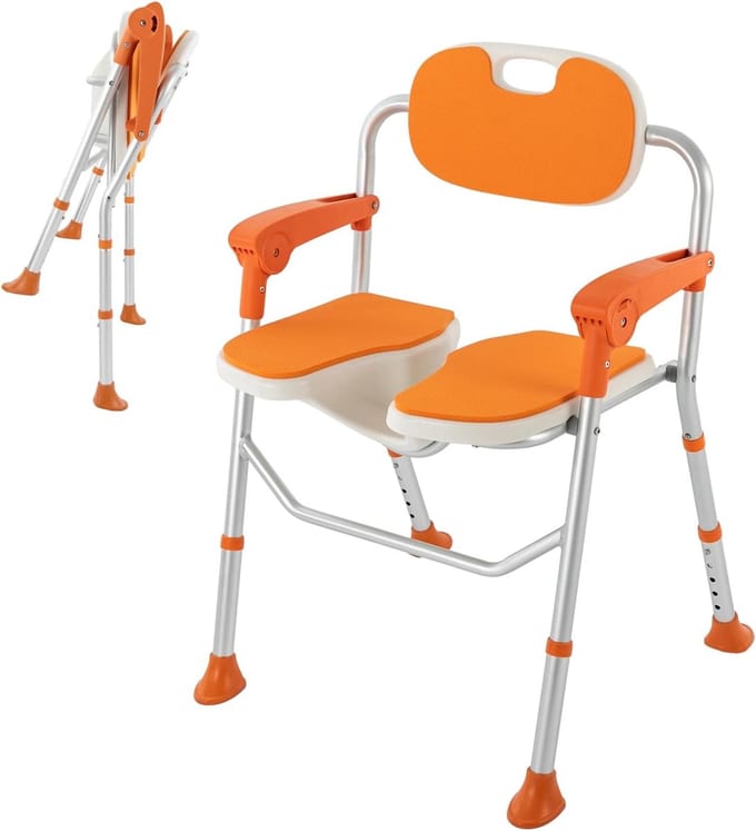 Douchestoel - Badkruk Inklapbaar - Veilig Douchen - Antislip Warmtekussen - In Hoogte Verstelbaar - Oranje