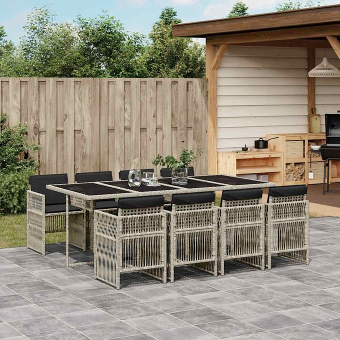 vidaXL - 9-delige - Tuinset - met - kussens - poly - rattan - lichtgrijs