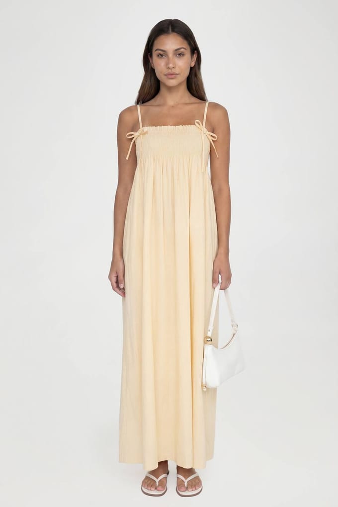 boohoo Dames Lange Maxi Smock Jurk Met Gerimpeld Detail | Lemon | Maat: 6