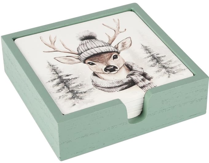 Dekoratief | Set 4 coasters 'Winter Deer', hout, 11x11x4cm | A255475
