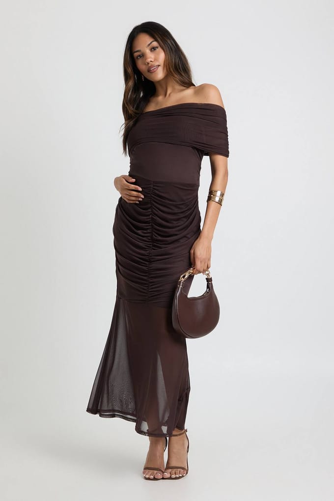 boohoo Dames Zwangerschaps Geplooid Bardot Mesh Zoom Midaxi | Chocolate | Maat: 14