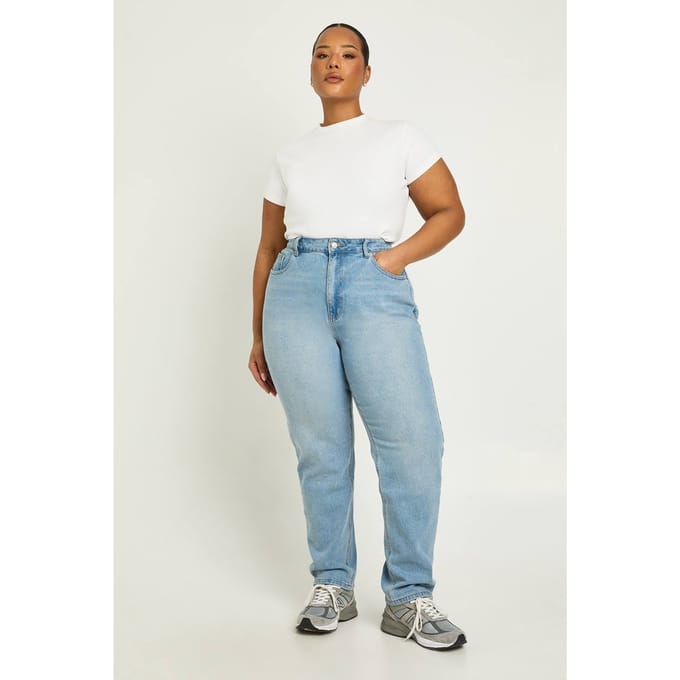 boohoo Dames De Plus Hoge Taille Mom Jeans | Medium Blauw | Maat: 22/30L