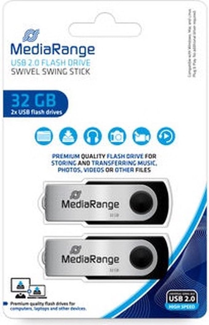 MediaRange | USB Stick | 32 GB | USB 2.0 | Twister | Zwart | 2 Stuks