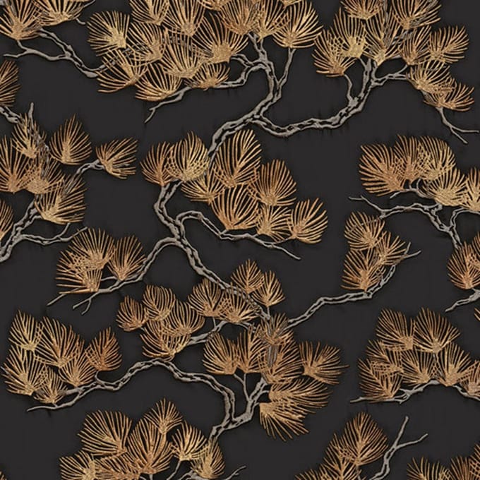 DUTCH - WALLCOVERINGS - Behang - Pine - Tree - zwart - en - goudkleurig