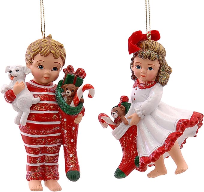 Viv! Christmas Kerstornament - Kinderen in Pyjama met Cadeautjes - set van 2 - rood - 10cm