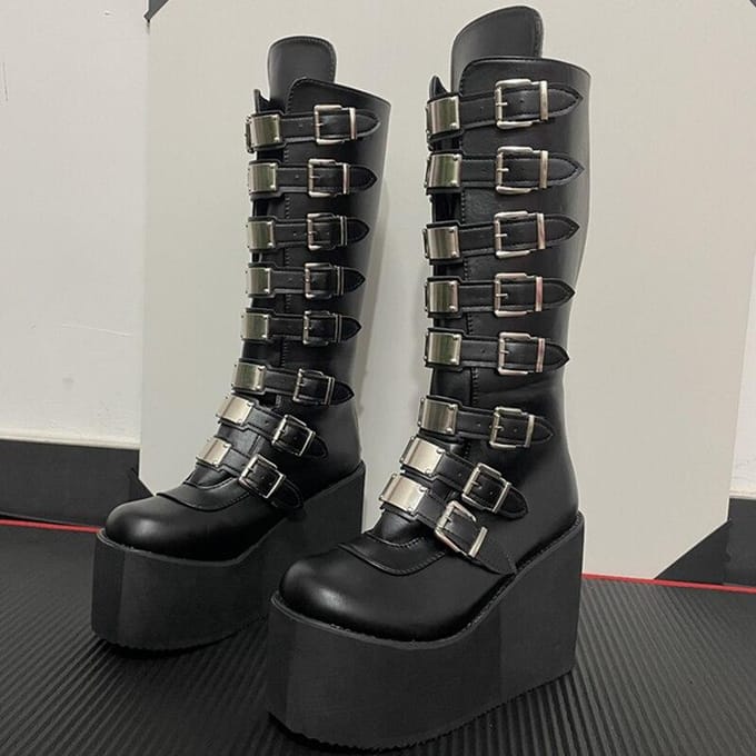 Bottes de moto style gothique cool punk pour femmes, chaussures à plateforme compensée, talons hauts, bottes mollets 41 noir