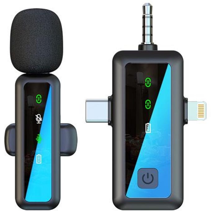 3-in-1 Draadloze Dasspeldmicrofoon - Lavalier met 3.5mm Jack AUX + USB-C + 8-Pin - geschikt voor iPhone, Android en Camera - Noise Cancelling - zwart