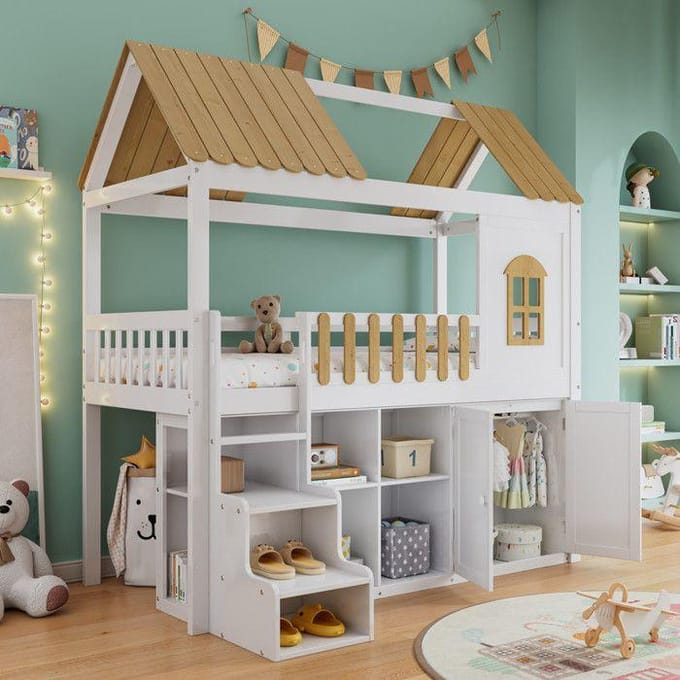 Lit superposé - MUVOE - 90x200 cm - Blanc + Naturel - Avec armoire - Espace de rangement blanc