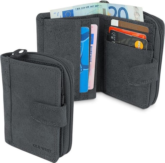Old West Leren Portemonnee met Drukknoopsluiting en ritssluiting - Hunterleer - 10 Pasjes - RFID – Zwart