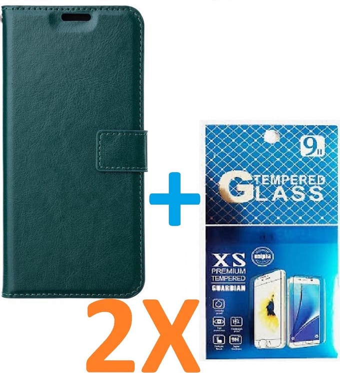 Portemonnee Book Case Hoesje + 2x Screenprotector Glas Geschikt voor: iPhone 15 Pro - Groen