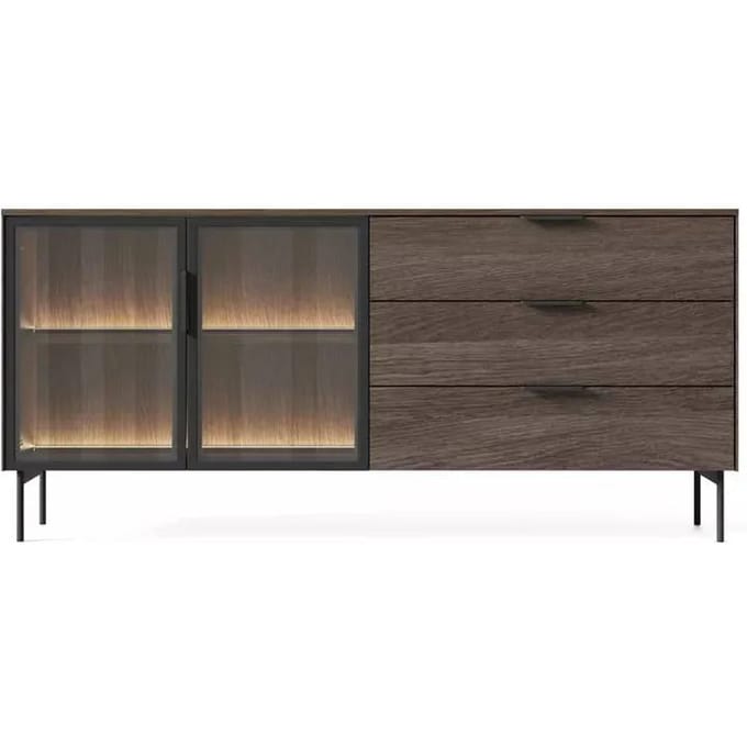Selsey Lumi – Dressoir met 2 deuren - glazen fronten - 3 lades en LED-verlichting - eik Dunin - 181 cm