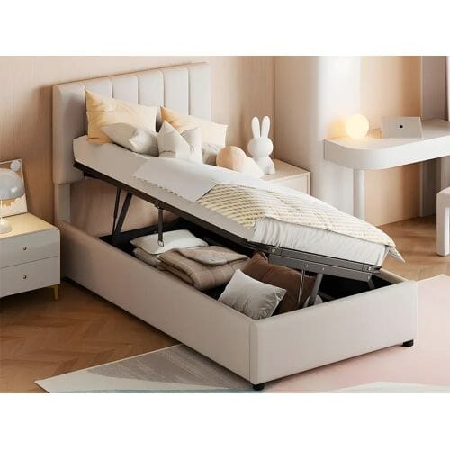 ModernLuxe Gestoffeerd opbergbed in linnenstof - 90x200cm - Beige